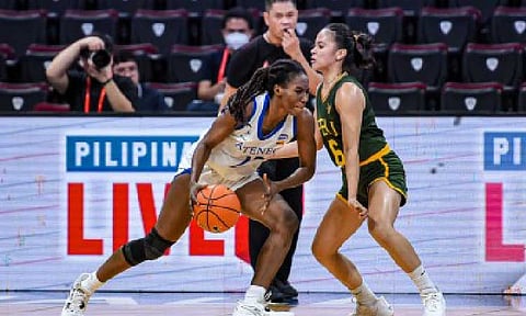 ONE-ON-ONE. Ateneo de Manila University's Sarah Makanjuola against Far Eastern University's Queenie Aquino during the University Athletic Association of the Philippines Season 86 women's basketball at Mall of Asia Arena on Oct. 14, 2023. Senator Pia Cayetano on Tuesday (Sept. 30, 2025) called on the league to review its compensation policy for basketball referees. (UAAP photo)