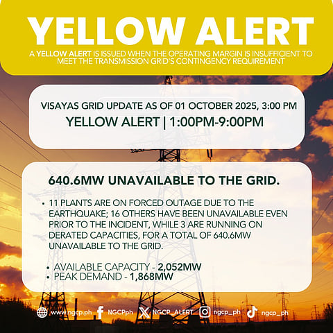 ILOILO. The National Grid Corporation of the Philippines placed the Visayas grid under yellow alert from 1 p.m. to 9 p.m. on October 1, 2025, after several power plants were forced offline by an earthquake, resulting in 640.6 MW of unavailable capacity. 