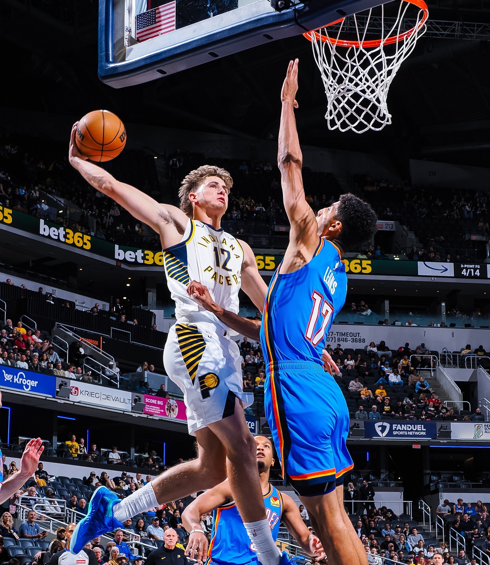 RISING UP. Indiana Pacers forward Johnny Furphy (left) challenges the defense of Malevy Leons in the National Basketball Association (NBA) preseason game. / indiana Pacers Facebook Page
