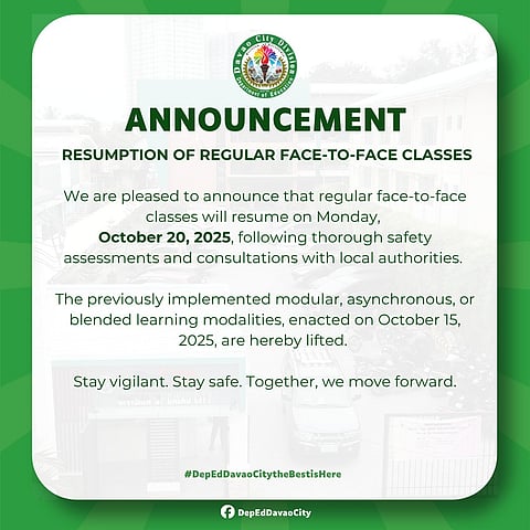 F2F klase balik na Oktubre 20