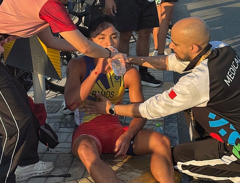 CRASH. Euan Arrow Ramos is tended to by AYG medical staff at Sofitel Bahrain.