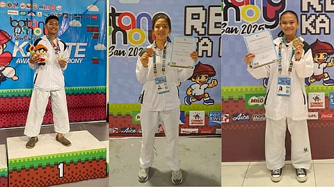 TRIPLE TREAT. Davao City karatekas Eduardo Berco III, Hailey Dominique So, and Precious Zyrah Sacopayo clinch gold medals in the first two days of the ongoing  Batang Pinoy 2025 karatedo competition at the SM GenSan Trade Hall. 