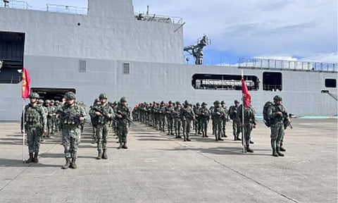 BRACE FOR UWAN. The troops, forming the first Marine Amphibious Ready Unit of the Philippine Marine Corps, arrive in Palawan aboard the Philippine Navy vessel BRP Tarlac (LD 601) on June 17, 2023. President Ferdinand R. Marcos Jr. on Friday (Nov. 7, 2025) urged the Marines to prepare for the Severe Tropical Storm Uwan and ensure Filipinos are protected and the Philippine coast secured. (PNA File photo)