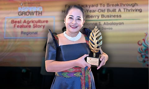 RIGHTLEAF AWARDEE. SunStar Davao editor Marianne Saberon Abalayan beams as she holds her trophy after winning the Best Agricultural Feature Story – Regional award for her story “From Backyard to Breakthrough: How an 18-Year-Old Built a Thriving Mulberry Business” at the 18th Bright Leaf Agriculture Journalism Awards held Thursday, Nov. 6, 2025, at Fairmont Hotel in Makati City.