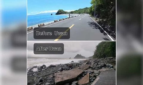 STORM DAMAGE. A section of Ampere Boulevard in Dipaculao, Aurora (below) shows severe damage from storm surges caused by Super Typhoon Uwan on Sunday (Nov. 9, 2025). Uwan made landfall at Dinalungan town at 9:10 p.m. Sunday. (PNA photo by Jason de Asis)