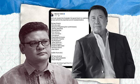 Davao City First District Representative Paolo “Pulong” Duterte hit back at retired journalist Ramon “Mon” Tulfo’s claim that he, Vice President Sara Duterte, and Chavit Singson were financiers of a destabilization plot. 