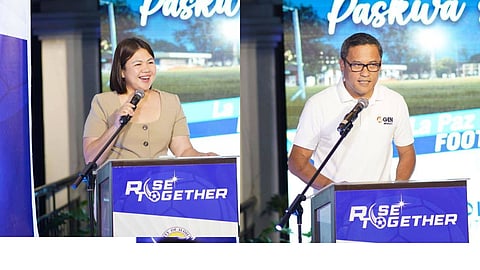 ILOILO. Iloilo City Mayor Raisa Treñas (left) and MGEN Thermal Panay Site Head Antonio “Jun” Cabalhug (right) lead the lighting ceremony of the P17.3-million La Paz Plaza Football Ground, the first lighted plaza-based football facility in Panay Island, held on November 12, 2025, at the La Paz Plaza Football Grounds. 