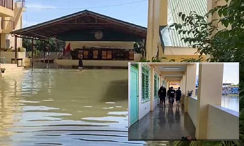 FLOODED SCHOOL. Mayor Danilo Guintu inspects the situation of a flooded school in left bank portion of Pampanga River. - Photo by Masantol PIO