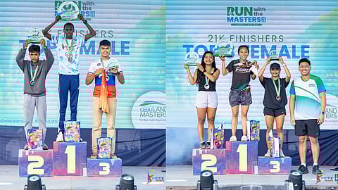 MASTERS RUN CHAMPIONS. Cebu-based Kenyan runner Eric Chepsiror (center, first photo)  and Afjeel Clampiano of Butuan City (second from left, second photo) top the 21K division of the inaugural Cebu Land Masters Run With the Masters on Sunday, November 23, 2025, on an out-and-back course from Davao Global Township in Matina, Davao City.