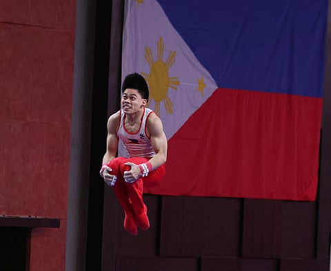 Karl Eldrew Yulo of the Philippines competes during the men's individual all-around final at the 3rd FIG Artistic Gymnastics Junior World Championships at the Manila Marriott Grand Ballroom, Nov. 22, 2025. Yulo placed eighth overall.