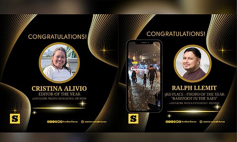 SunStar Davao proudly brought home two honors at the recently concluded 12th Globe Media Excellence Awards (GMEA@12). Digital Service Head Ralph Lawrence Llemit clinched 3rd Place in the Integrated News Category – Photo of the Year for his powerful image, “Barefoot in the Rain.” Meanwhile, Editor-in-Chief Cristina Alivio earned the prestigious Editor of the Year special award.