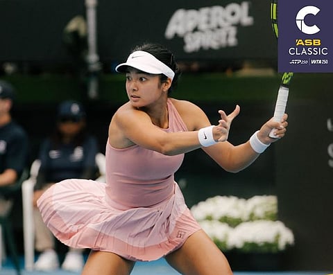 CRUISING TO QUARTERS. Alexandra Eala of the Philippines returns a shot against Petra Marcinko of Croatia during their second-round match at the ASB Classic in Auckland, New Zealand, Thursday, January 8, 2026. Eala won 6-0, 6-2 to advance to the quarterfinals.