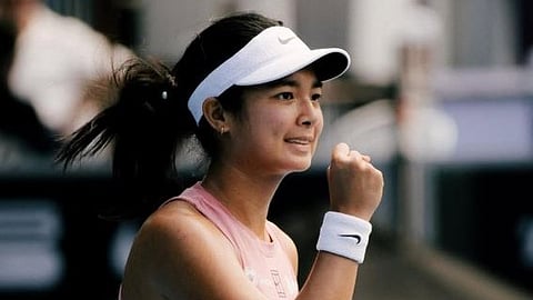SEMIS-BOUND. Filipino star Alexandra Eala celebrates a point during her ASB Classic quarterfinal match in Auckland on Friday. The 19-year-old Filipina advanced to the semifinals after defeating Magda Linette in straight sets.