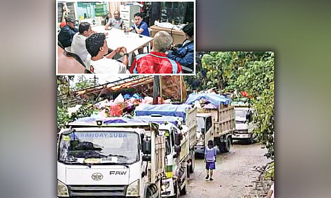 GIBABAGAN: Mga garbage truck gikan sa Dakbayan sa Sugbo natanggong kay gibabagan samtang padulong molabay sa ilang karga nga basura sa ASEAN landfill sa Barangay Polog, Lungsod sa Consolacion. Samtang ang opisyales sa Barangay Polog nipasa dayon og reso­lusyon atol sa ilang “emergency session” nga nagsupak sa pagsulod sa mga garbage truck sa Cebu City. 
