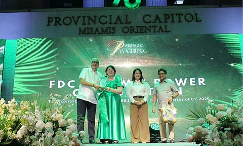 The Provincial Government of Misamis Oriental hailed Filinvest Group’s FDC Misamis Power Corporation (FDC Misamis) as its number one real property taxpayer for 2025, contributing more than ₱100 million. The award was given during Misamis Oriental’s 96th founding anniversary celebration and the opening of the 13th Kuyamis Festival. The photo above shows (from left to right), FDC Misamis President and CEO Juan Eugenio Roxas, Misamis Oriental Governor Juliette Uy, and Board Members Princess Emano and Jabi Bernaldez during the awarding ceremony.