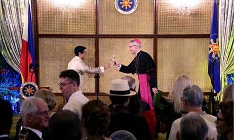 FORGING STRONGER TIES. President Ferdinand Marcos Jr. shares a toast with members of the diplomatic corps led by Papal Nuncio Charles John Brown during the traditional Vin d’honneur at Malacañan Palace in Manila on Friday (Jan. 16, 2026). The Vin d’honneur is a diplomatic event, held during New Year's Day and Independence Day, featuring a toast exchanged between the Philippine President and the Papal Nuncio who serves as the Dean of the Diplomatic Corps. (Photo from the Presidential Photojournalists Association)