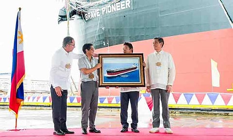 President Ferdinand "Bongbong" Marcos Jr. named SC-443, the world’s first first methanol-powered Kamsarmax bulk carrier, M/V Brave Pioneer at West Cebu Estate in Balamban. 
