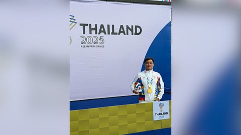 GOLD STREAK. Ernie Gawilan of Davao City celebrates on the podium after winning the men’s 200m freestyle S7 gold medal for the Philippines at the 13th ASEAN Para Games in Bangkok on January 22, 2026. The victory marks his second gold medal and a new record for the Philippines.