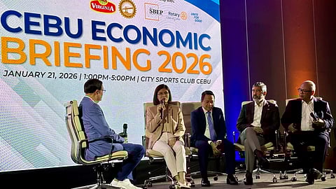 A panel of speakers discussing leadership and economic trends at the Cebu Economic Outlook Briefing 2026.