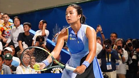 Philippines’ tennis star Alex Eala serves during her match against Russia’s Alina Charaeva, whom she defeated, 6-1, 6-2, at the Philippine Women’s Open at Rizal Memorial Sports Complex in Manila, Monday night, January 26, 2026.