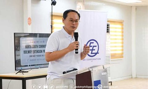 BOOSTING RAIL SYSTEMS. Acting Transportation Secretary Giovanni Lopez speaks during the installation of the first girder for the North South Commuter Railway (NSCR) Extension Clark Segment in Clark, Pampanga, on Monday (Feb. 2, 2026). Lopez said the girder and the start of rail welding at Mabalacat Depot mark a milestone in the construction of the NSCR. (Photo courtesy of DOTr)