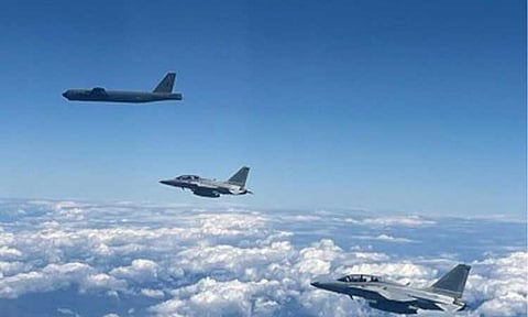 AIR ALLIANCE. An aerial view of Philippine Air Force (PAF) and US air assets flying a bilateral bomber air patrol over the West Philippine Sea on Feb. 6, 2026. The PAF said drills like these were part of ongoing efforts to boost interoperability with its American counterparts. (Photo courtesy of the PAF's 5th Fighter Wing).