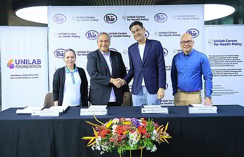 Present during the signing of the MOU between Unilab Foundation and ULAP are (from left) 
ULAP Executive Director Aileen Leycano, Unilab Foundation Executive Director Atty. Jose Maria Ochave,  ULAP National President and Quirino Governor Dakila Carlo “Dax” Cua, and UCHP Program Director Ruben John Basa.