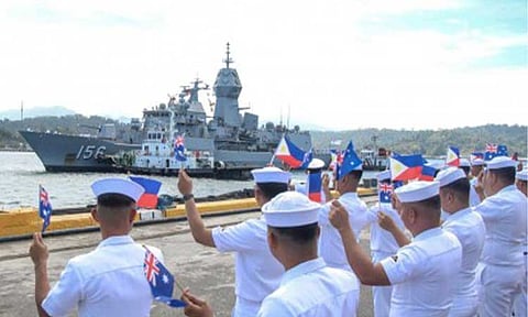 WELCOME. Philippine Navy personnel render arrival honors for the Royal Australian Navy's HMAS Toowoomba at Rivera Wharf, Subic Port, Zambales on Friday (Feb. 13, 2026). The frigate will be in the country until Feb. 16. (Photo courtesy of Philippine Fleet)