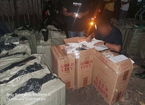 NEGROS. The Police Regional Office in Negros Island Region (PRO-NIR) seizes an estimated P787,500 worth of smuggled cigarettes during a mobile patrol operation at Purok Margarita, Barangay Balintawak, Escalante City, Negros Occidental, on February 16, 2026. 