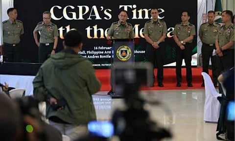 ANNIVERSARY. Philippine ⁨Army (PA) chief Lt. Gen. Antonio Nafarrete (center) answers questions about Army modernization at a press conference at the Philippine Army Officers' Clubhouse at Fort Bonifacio in Taguig City on Monday (Feb. 16, 2026). The conference kicked off the month-long celebration of the Army's 129th founding anniversary. (Photo courtesy of the PA)
