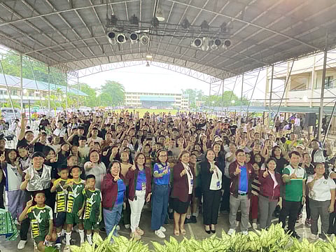 HOME OF CHAMPIONS. Members of the Davao City Durians flash the No. 1 sign during their send-off program photo opportunity at Mintal Elementary School on Wednesday, Feb. 18, 2026, after completing a 30-day in-house training for the 2026 Davraa Meet.