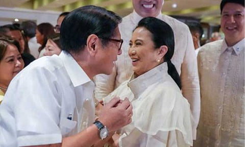 UNITY. President Ferdinand R. Marcos Jr. mingles with his 2016 and 2022 election rival, former Vice President and now Naga City Mayor Leni Robredo during the "Sa Bagong Pilipinas, Bawat Bayan Makikinabang" launching on Monday (Feb. 23, 2026) in Malacañang. On Feb. 21, the two leaders also met in Naga City to discuss the government's flood control program. (PCO photo)