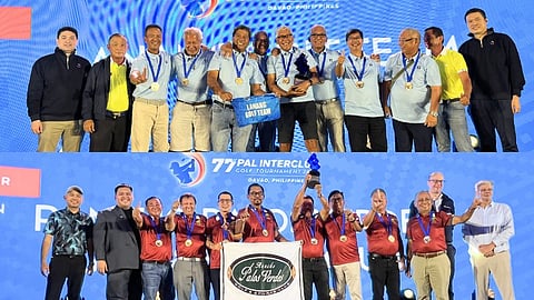 DAVAO PRIDE. Davao City’s Lanang Golf and Country Club and Rancho Palos Verdes Golf and Sports Club celebrate their championship titles during the awards night of the 77th Philippine Airlines (PAL) Senior Golf Tournament 2026 at Dusit Thani Davao, Thursday, February 26.