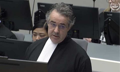 Senior trial lawyer Julian Nicholls delivers the International Criminal Court Office of the Prosecutor's closing statement at the confirmation of charges hearing of former president Rodrigo R. Duterte in The Hague, the Netherlands on Friday (Feb. 27, 2026). (Photo courtesy of ICC) 