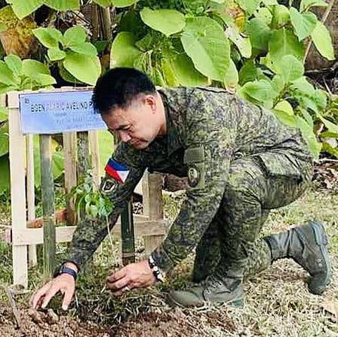 ZAMBOANGA. Brigadier General Alaric Avelino Delos Santos, 1102nd Infantry Brigade commander, leads the planting of 571 seedlings at Camp AKA in Bual village, Luuk, Sulu, on Saturday, March 7, for the 129th Philippine Army Founding Anniversary. 
