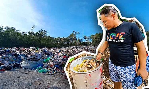 CIRCULAR ECONOMY IN SAMAL. Above photo shows the actual landfill in the Island Garden City of Samal. With the growing population and increasing number of tourists, waste generation on the island is increasing. (Inset) Business owner Nino Sepulveda inspecting the plastic barrel where he stores all his biodegradable waste and turns it into compost. 