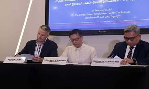 From left, Brian Hanley, GASA-APAC director; Hans Leo J. Cacdac, DMW secretary; and Jerome A. Alcantara, DMW assistant secretary, sign the memorandum of understanding.