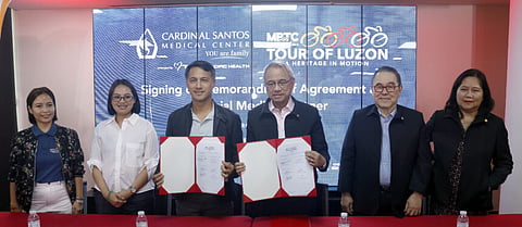 MPTC Tour of Luzon CEO and Chief Organizer Arrey Perez (third from left) and Cardinal Santos Medical Center (CSMC) President and CEO Raul Pagdanganan seal the partnership with (from left) MAD Management Inc. CEO Madeleine Sharon Guico, SDMI Sports president Danica Khaye Baltazar and CSMC vice president and Chief Medical Officer Dr. Antonio Say and senior vice president and Chief Fiance Officer Marivic Mabuti. 