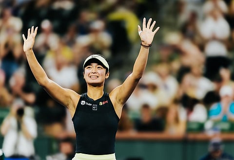 INDIAN WELLS DEBUT. Filipino tennis star Alex Eala acknowledges the crowd with raised hands after her Round of 16 match at the BNP Paribas Open in Indian Wells, California, March 11, 2026. Eala climbed to No. 28 in the WTA rankings following the tournament.