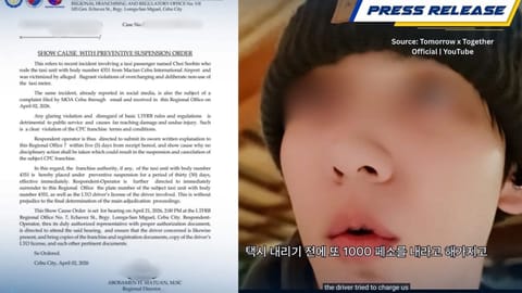 Plaka sa taxi unit nga gireklamo sa K-pop singer bawion LTFRB 7