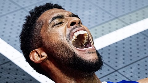  Philippines’ Jerrick Ahanmisi celebrates after scoring a key basket that helped lift Gilas Pilipinas to a 21-13 win over Chinese Taipei, securing a quarterfinal berth in the FIBA 3x3 Asia Cup at the OCBC Arena in Singapore on April 4, 2026.