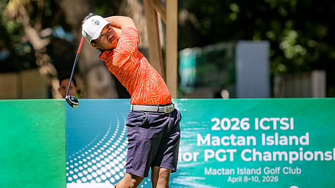 STRONG START. Alexis Nailga drives off the tee during the ICTSI Mactan Island Junior PGT Championship at Mactan Island Golf Club, where he fired a two-under 66 to take a commanding lead in the boys’ 15-18 division.