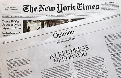 NEW YORK. An editorial titled "A Free Press Needs You" is published in The New York Times, Thursday, Aug. 16, 2018, in New York. Newspapers from Maine to Hawaii pushed back against President Donald Trump's attacks on "fake news" Thursday with a coordinated series of editorials speaking up for a free and vigorous press. The Boston Globe, which set the campaign in motion by urging the unified voice, had estimated that some 350 newspapers would participate. (AP)