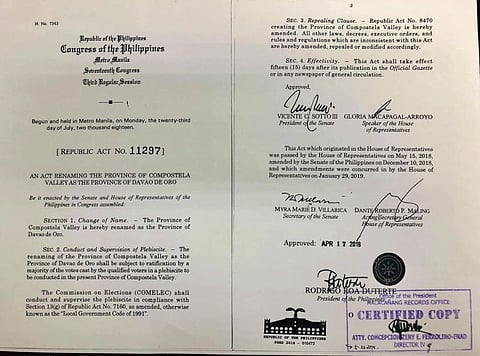 DAVAO. A copy of the Republic Act 11297, which was signed into law, renaming the province of Compostela Valley into Davao de Oro. (Photo from Rep. Maricar Zamora's Facebook page)