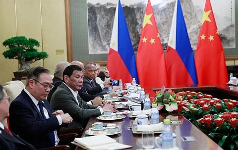 CAPTION: In this file photo, President Rodrigo Duterte, second from left, speaks to Chinese President Xi Jinping (not pictured) during their meeting at the Diaoyutai State Guesthouse in Beijing, Thursday, August 29, 2019. (AP)