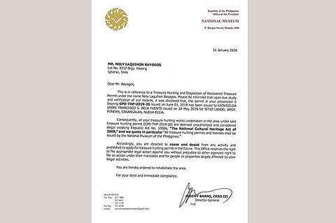 ILOILO. Copy of the letter issued by the National Museum of the Philippines to Nony Laquihon Bayogos.