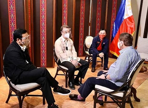 MANILA. In this photo taken on September 29, 2020, President Rodrigo Duterte meets with House Speaker Alan Peter Cayetano and Marinduque Rep. Lord Allan Velasco to discuss the term-sharing deal on the speakership. (File Photo)