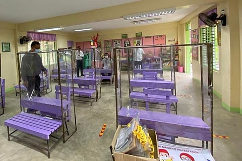 LEYTE. Leyte Schools Division Superintendent Dr. Manuel Albaño, together with other division education officials, inspects Bato Central School, one of the three public elementary schools in Leyte province that will join the limited face-to-face classes starting November 15, 2021. (Contributed photo)