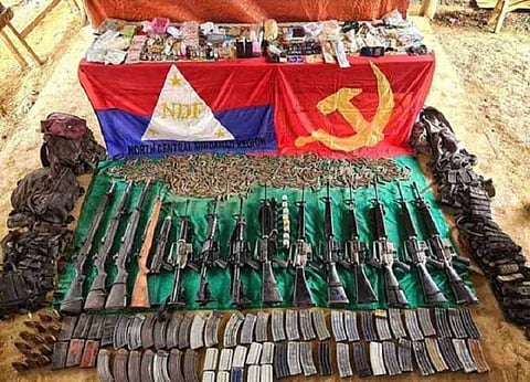 ZAMBOANGA. Four top-ranking leaders of the New People's Army (NPA) were killed in a clash with government troops Wednesday, April 6, in Tikalaan village, Talakag, Bukidnon. A photo handout shows the war materials the troops recover after the clash described as 'a major strike against terrorist remnants.'