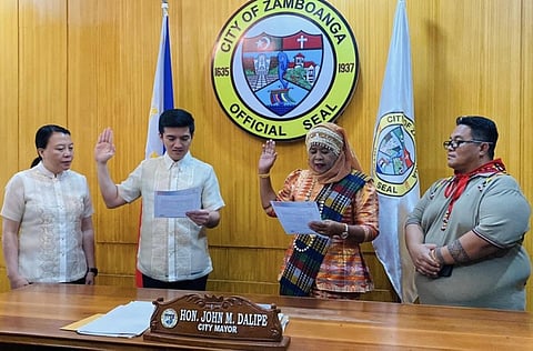 ZAMBOANGA. The National Commission on Indigenous Peoples officially certifies Aida Paniorotan (2nd from right) as the selected Indigenous Peoples Mandatory Representative to the City Council. A photo handout shows Mayor John Dalipe (2nd from left) administering the oath of office of Paniorotan at City Hall on Monday, July 10, which was witnessed by Vice Mayor Josephine Pareja (left). (SunStar Zamboanga)